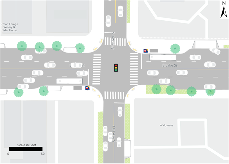 Existing Route 21 bus stops are located at the northeast and southwest corners of the intersection of Lake Street and 31st Avenue.