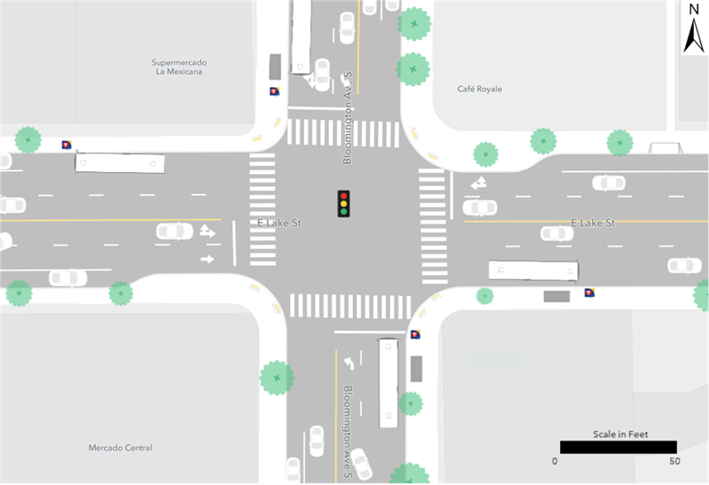 Existing Route 21 bus stops are located at the northwest and southeast corners of the intersection of Lake Street and Bloomington Avenue.