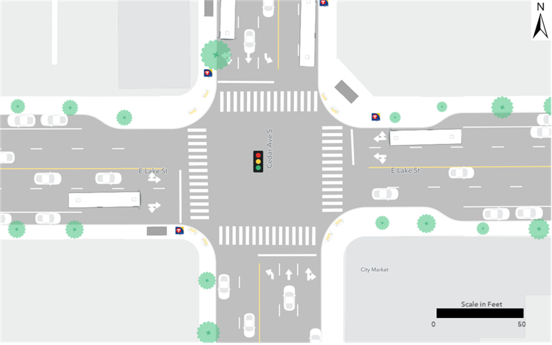 Existing Route 21 bus stops are located at the northeast and southwest corners of the intersection of Lake Street and Cedar Avenue.