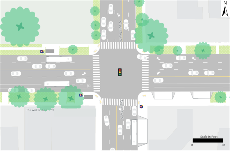 Existing Route 21 bus stops are located at the northwest and southwest corners of the intersection of Marshall Avenue and Cretin Avenue.