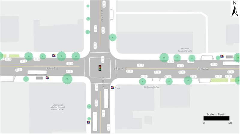 Existing Route 21 bus stops are located at the northwest and southwest corners of the intersection of Selby Avenue and Dale Street.