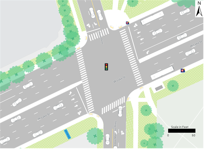 Existing bus stops are located at the northeast and southeast corners of the Lake Street and Dean/West Bde Maka Ska Parkway intersection.