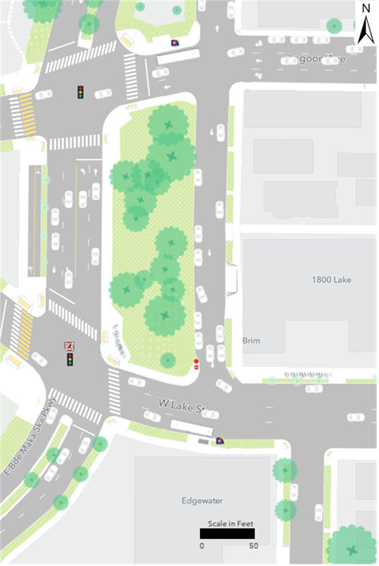 Existing bus stops are located at the northeast corner of Lagoon Avenue and East Bde Maka Ska Parkway and at the southeast corner of Lake Street and East Bde Maka Ska Parkway.