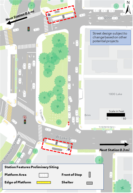 The proposed westbound platform is located at the northeast corner of the intersection of Lagoon Avenue and East Bde Maka Ska Parkway. The proposed eastbound platform is located at the southeast corner of the intersection of Lake Street and East Bde Maka Ska Parkway. Platforms in both directions are located at existing bus stops and no parking changes are proposed. The next westbound and eastbound stations are located 0.6 miles and 0.3 miles away respectively.