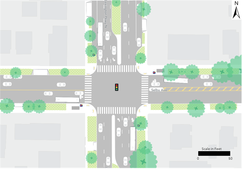 Existing Route 21 bus stops are located at the northeast and southwest corners of the intersection of Selby Avenue and Lexington Parkway.