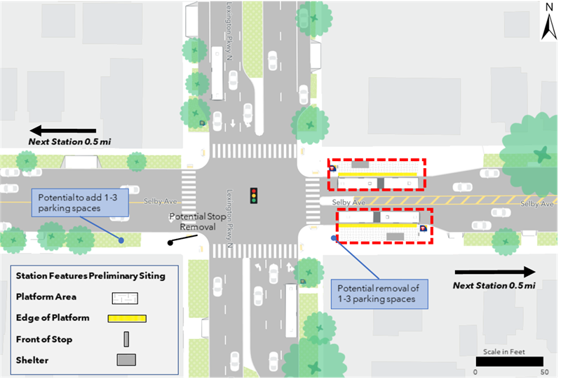 The proposed westbound platform is located at the northeast corner of the intersection of Selby Avenue and Lexington Parkway. The proposed eastbound platform is located at the southeast corner of the intersection of Selby Avenue and Lexington Parkway. Both platforms are proposed to be constructed with curb bumpouts. No parking changes are proposed. The next westbound and eastbound stations are located 0.5 miles away.