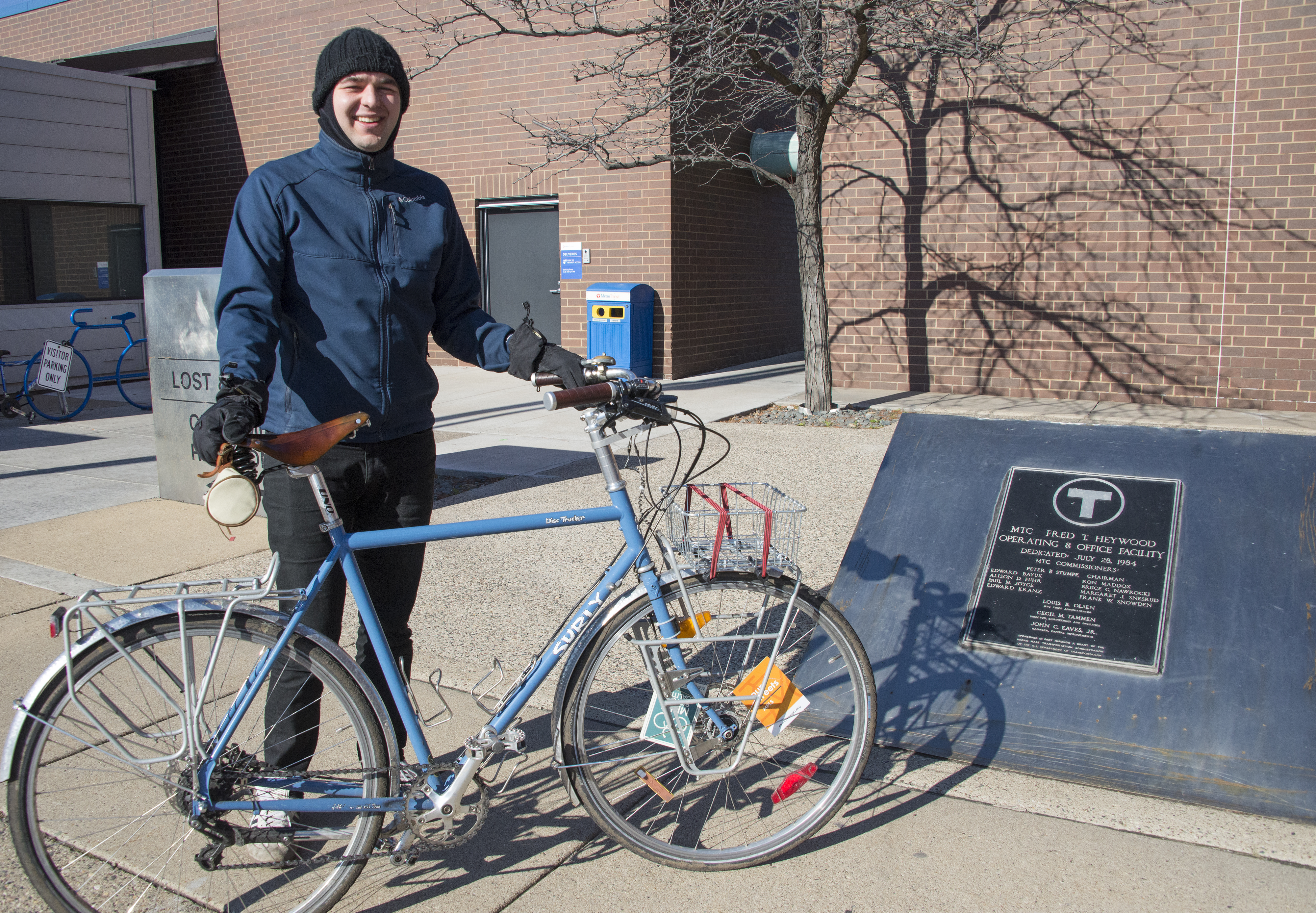 Jared Fette, Transit Information Center Representative, with his bike at the Heywood Office building in Minneapolis.
