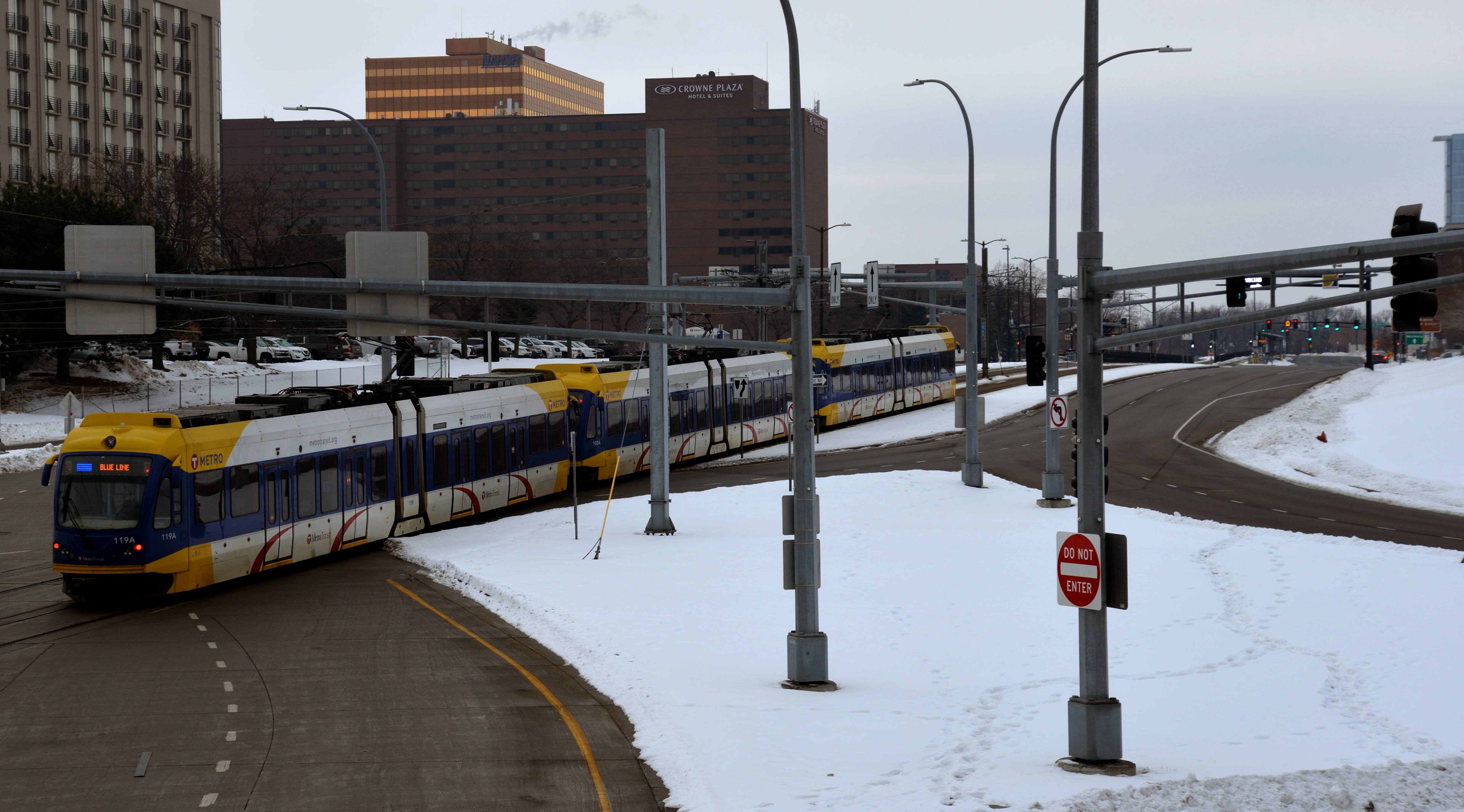 A Blue Line train travels southbound in Bloomington. 