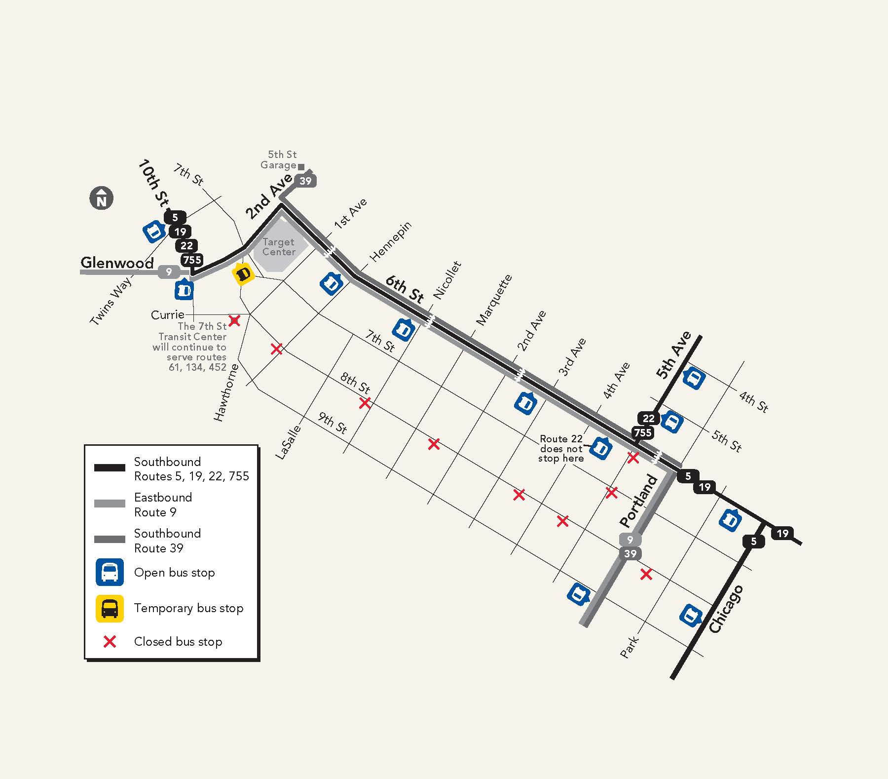 Map of the 8th Street bus stops that will close beginning March 9, and where buses will stop on 6th Street.