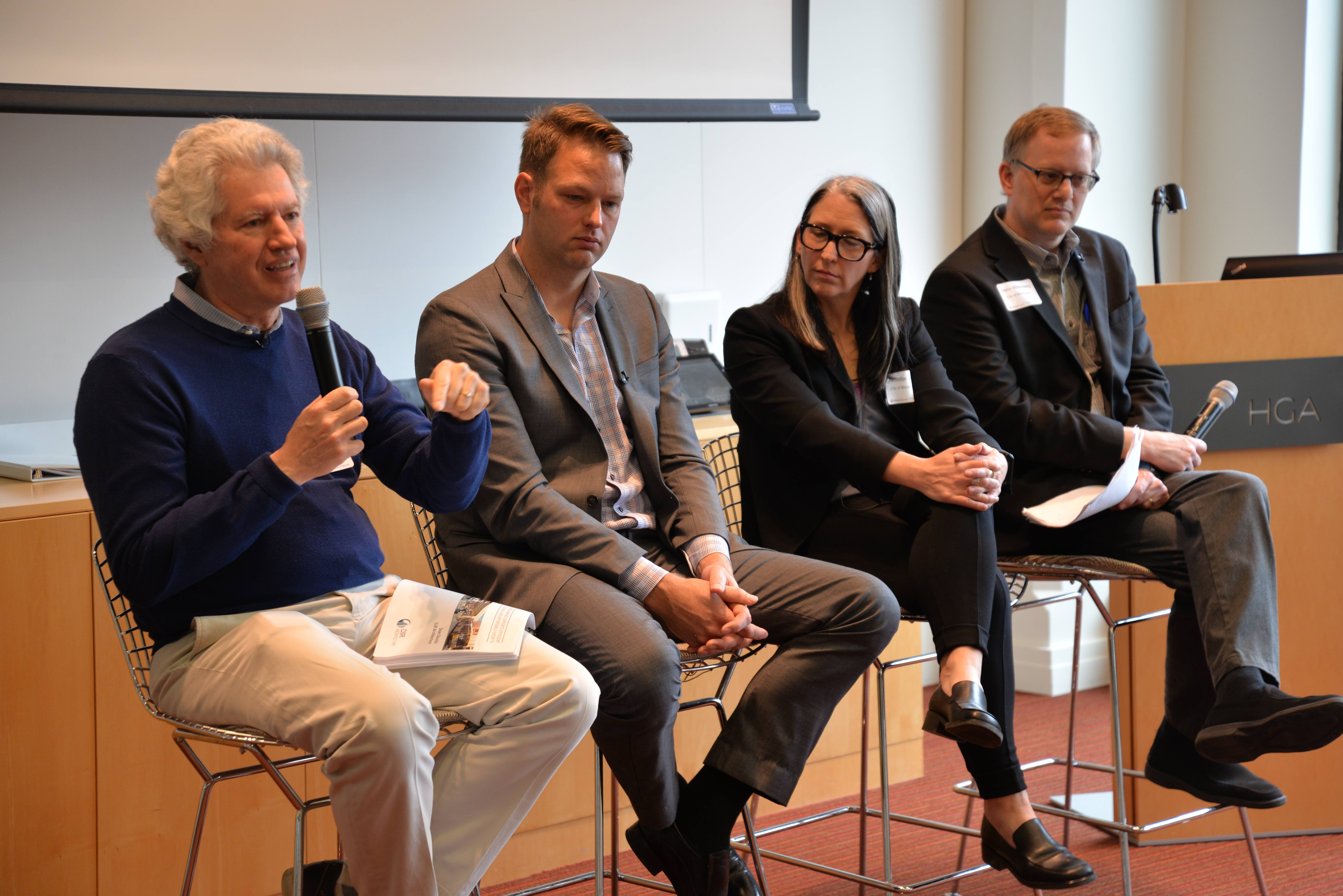 From left to right: Dean Dovolis, founder, CEO and principal at Minneapolis-based DJR Architecture, Inc.; Robb Lubenow, co-founder of Minneapolis-based Yellow Tree Development; Jennifer Jordan, Senior Project Manager for the City of Brooklyn; and Jason Wittenberg, the Manager of Land Use, Design and Preservation for the City of Minneapolis. 