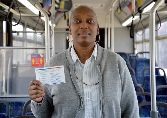 Operator Yolanda Sims with her grounding card. 