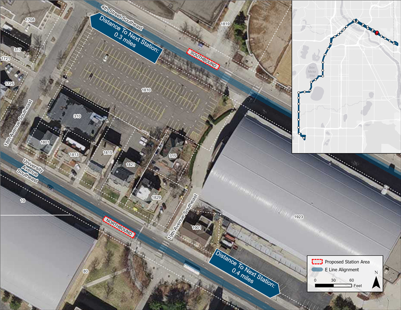 Aerial map of University/4th Street & U of M Rec. Center/Ridder Arena proposed station location. Northbound platform proposed farside of pedestrian crossing. Southbound platform proposed nearside of pedestrian crossing.