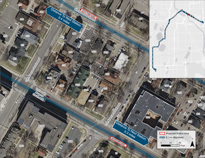 Aerial map of University/4th Street & 10th/11th Avenue proposed station location. Northbound platform proposed farside of 11th Avenue. Southbound platform proposed nearside of 10th Avenue.