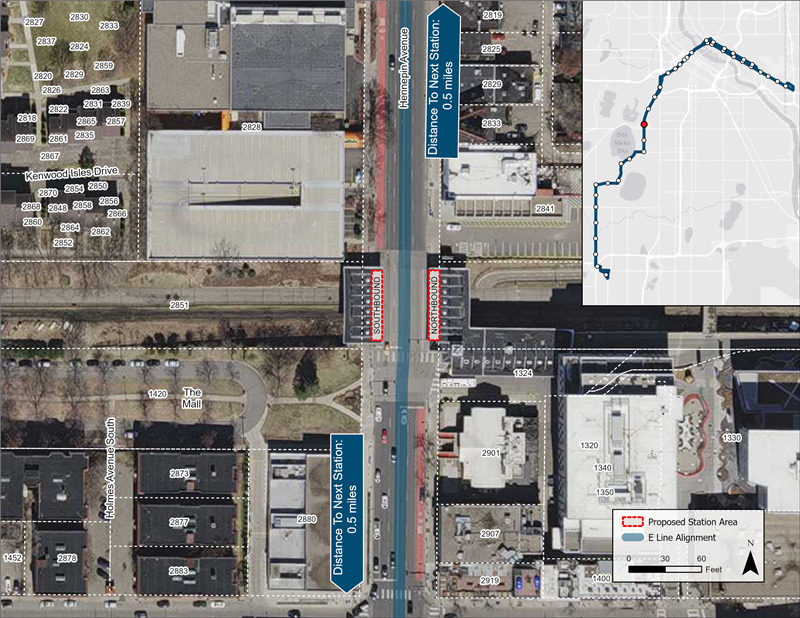 Aerial map of Uptown Transit Station proposed station location. Northbound and southbound platform will use existing transit center platforms.