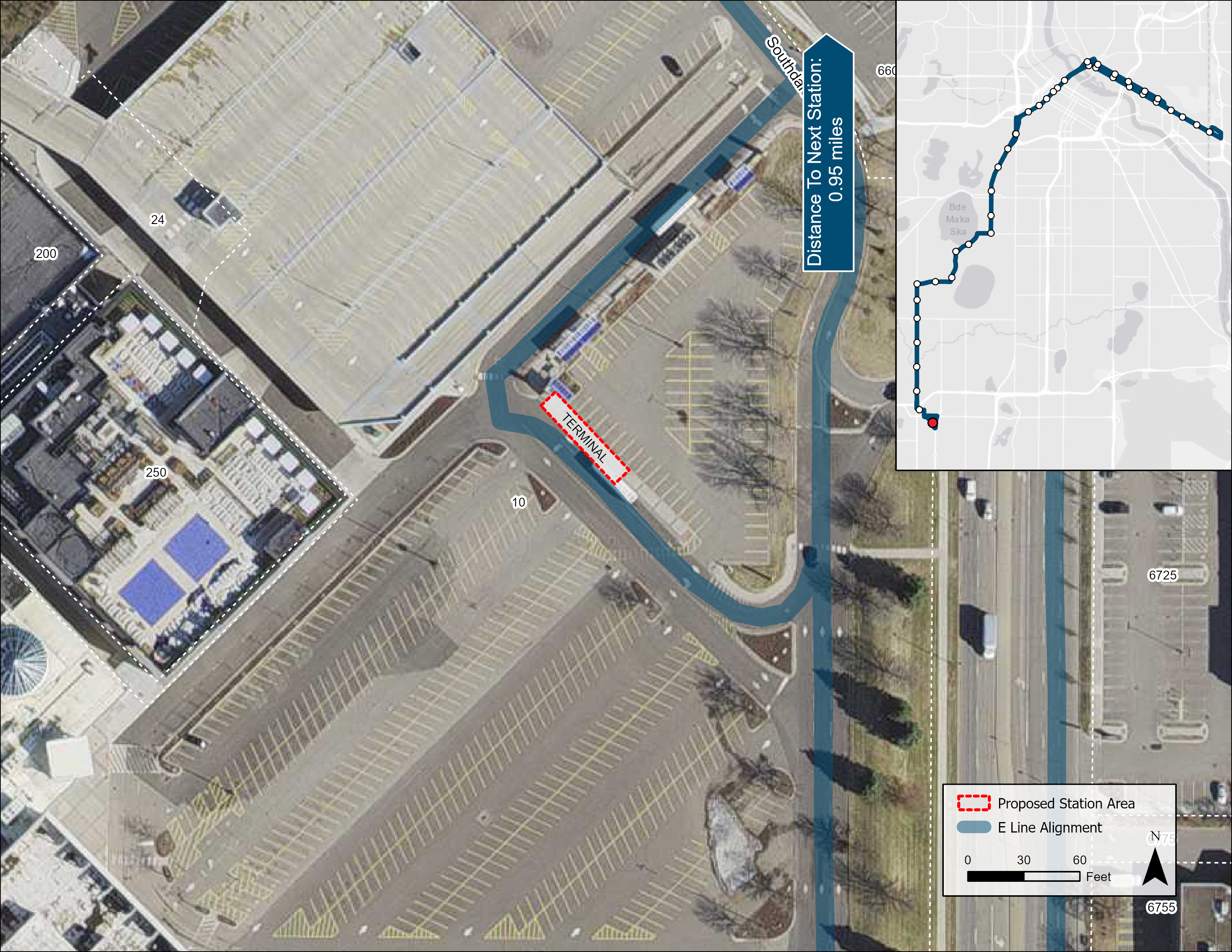 Aerial of Southdale Transit Center proposed station location. Terminal platform is proposed at existing Route 6 platform within transit center.